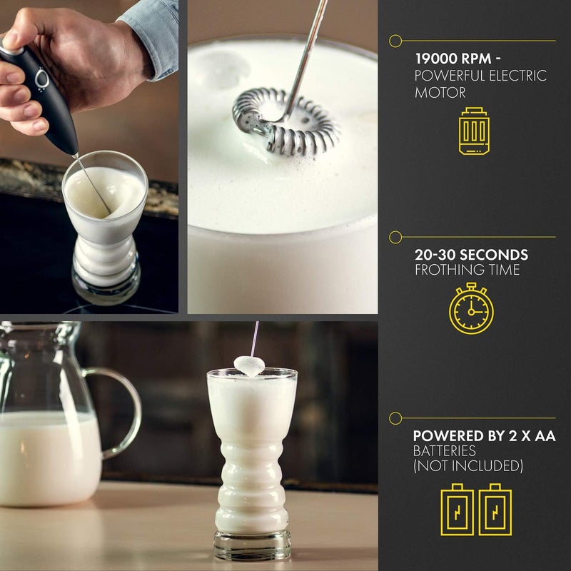 Unicoff Handheld Milk Frother with Stand - Electric Drink Mixer for Coffee Latte Cappuccino Matcha Tea - Battery Operated Stainless Steel Whisk Wand - Mini Foamer for Protein Shakes Hot Chocolate (Black) - Image 4